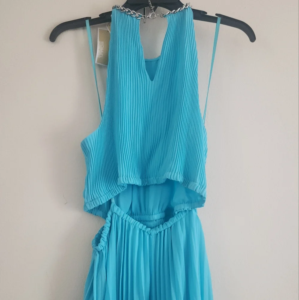 Michael Kors Halter Neck Pleated Cut-out Midi Dress turquoise Sz M & L…